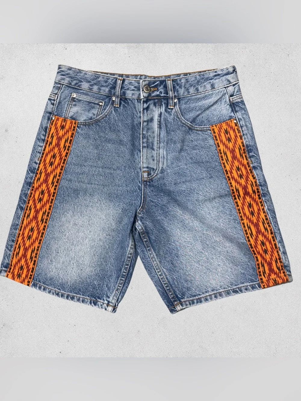 ASOS Denim Long Baggy Shorts Orange Embroidered Trim Y2K Waist 30
